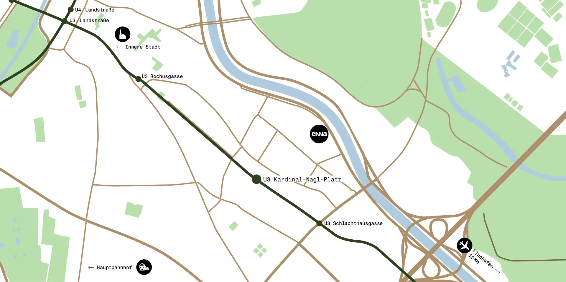 Karte, welche die Gehdistanzen zu den Hotspots rund um enna, visualisiert