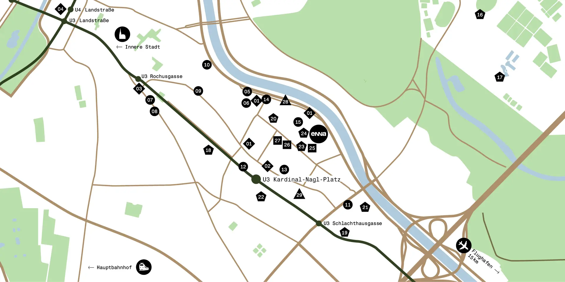 Karte, welche alle Distanzen zu den Hotspots rund um enna visualisiert